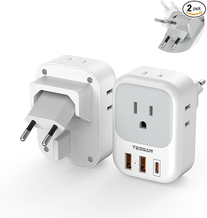 TESSAN European Travel Plug Adapter 2 Packs, Type C Europe Adaptor Foldable Plug 4 Outlets 3 USB(1 USB C PD 20W), US to Spain France Italy Germany Denmark Iceland European Travel Must Haves