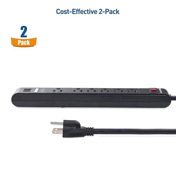 [ETL Listed] Cable Matters 2-Pack 6-Outlet Surge Protector Power Strip with USB Ports - 12ft, Long Extension Cord, Surge Protector with USB Ports, Black