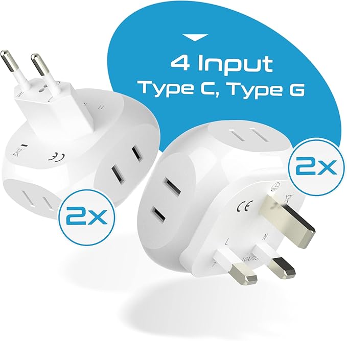 Ceptics Europe Travel Adapter Plug Set Schuko - 4 Input - Ultra Compact - Light Weight Type C, Type G - USA to Any Type C, G Countries UK, Ireland, Germany, France - 4 Pack (PT-9C-7-4PK),White