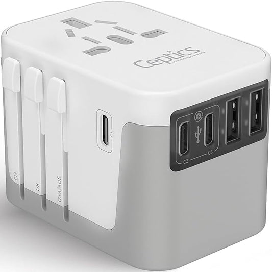 Ceptics 6 in 1 Universal Travel Adapter, Universal Outlet w/ 2X USB-A and 3X USB-C 6A, Travel Power Adapter for use in EU, UK, US, AU and More, Universal Plug for Mobiles, Laptops- UP-30KU-WH