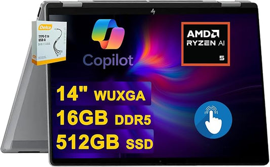 HP OmniBook X Flip 2-in-1 Copilot+ AI PC Laptop | 14" WUXGA Touch 400nits | AMD 6-core Ryzen AI 5 340 (Up to 50 Tops) | 16GB DDR5 512GB SSD | Backlit Wi-Fi6E 5MP IR Camera Poly Win11 w/DLCA Accessory