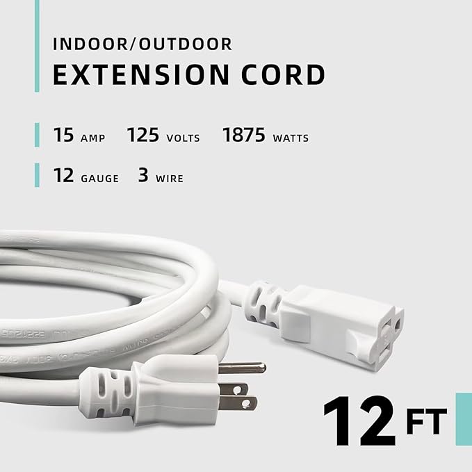 12ft Indoor Outdoor Extension Cord - 12/3 SJTW Heavy Duty Extension Cable with 3 Prong Grounded Plug for Safety -15Amp 1875W White Electric Cord Great for Garden, Appliances