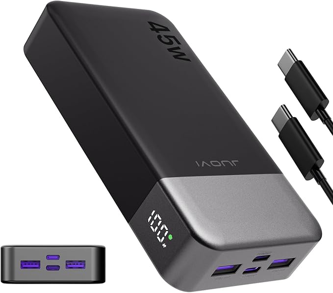 Portable Power Bank, 20000mAh 45W Portable Charger, PD3.0 QC4.0 Fast Charging with LED Display, 2 USB-C, 2 USB-A, Battery Pack for iPhone 15 14 13 Series, MacBook, Galaxy, iPad, and More (Black)