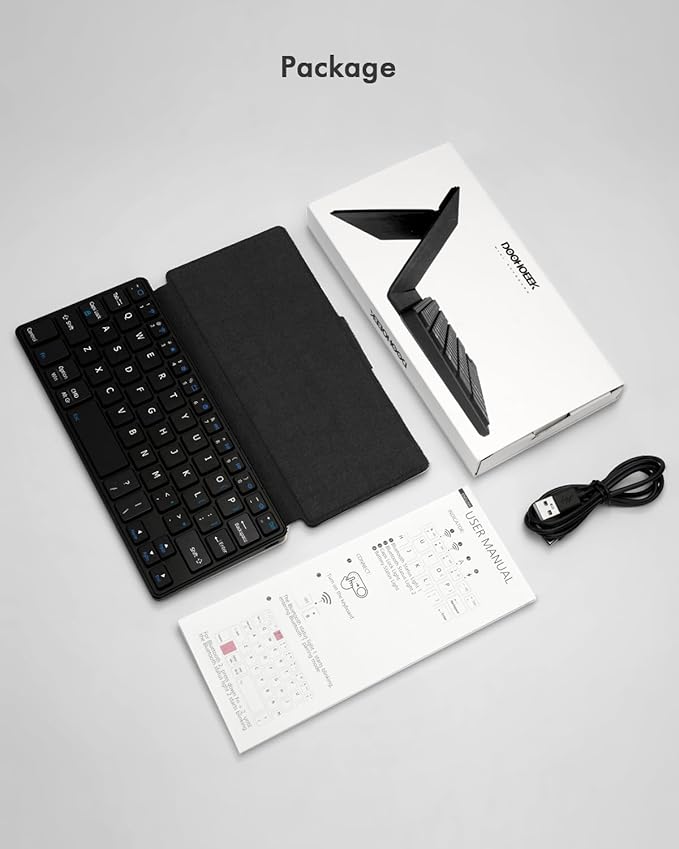 Doohoeek Universal Bluetooth Keyboard for Samsung Galaxy Z Fold, iPad mini 7 2024 & Phones, Dual Bluetooth Mini Keyboard with Any-Angle Kickstand & Leather Cover for Android, Windows and iOS