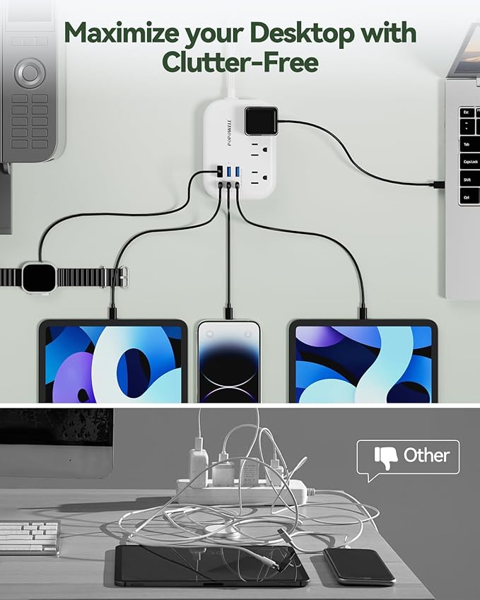 6 USB Power Strip- Travel Power Strip with 3 Outlets and 6 USB(3 USB C) 24W/4.8A Charging Ports for iPhone 15, 3 FT Small Extension Cord, Slim Flat Plug for Cruise Ship Essential, Office Dorm, White.