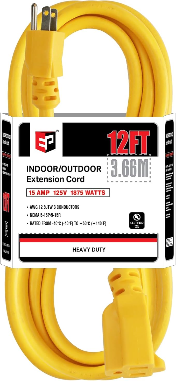 EP 12 Ft Outdoor Extension Cord, 12/3 SJTW Heavy Duty Extension Cable with 3 Prong Grounded Plug, 15 AMP Power Cord for Lawn, Garden, Appliances, Yellow