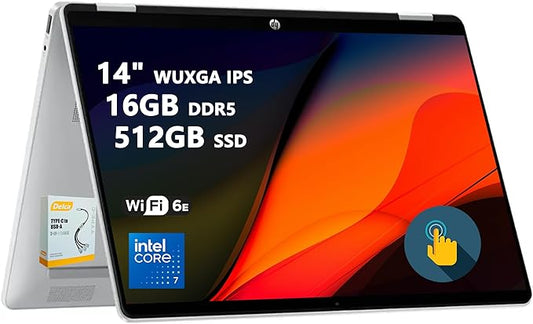 HP OmniBook 5 Flip 2-in-1 Laptop | 14" WUXGA IPS Touchscreen | 10-Core Intel Core 7 150U | 16GB DDR5 512GB SSD | Backlit Keyboard Wi-Fi6E 5MP IR Privacy Camera Win 11 w/DLCA Accessory