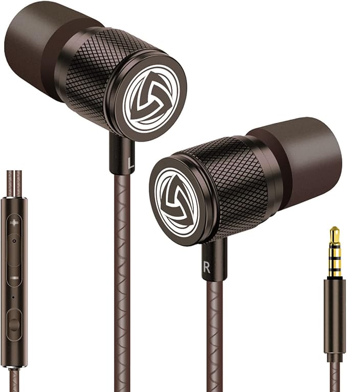 LUDOS Ultra Wired Earbuds in-Ear Headphones, 5 Years Warranty, Earphones with Microphone, Noise Isolating Ear Buds, Memory Foam for iPhone, Samsung, School Students, Kids, Women, Small Ears - Brown