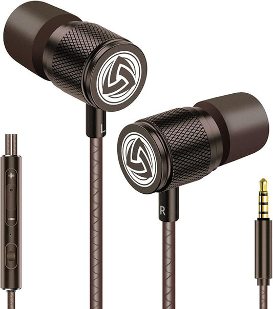 LUDOS Ultra Wired Earbuds in-Ear Headphones, 5 Years Warranty, Earphones with Microphone, Noise Isolating Ear Buds, Memory Foam for iPhone, Samsung, School Students, Kids, Women, Small Ears - Brown