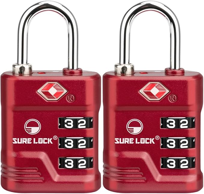 SURE LOCK TSA Locks for Luggage, TSA Approved Luggage Locks with Open Alert, TSA008 Key for High Security, Easy Read Dials, Zinc Alloy Body, Locker Lock for Suitcase, Gym, Travel(Red 2 pk)