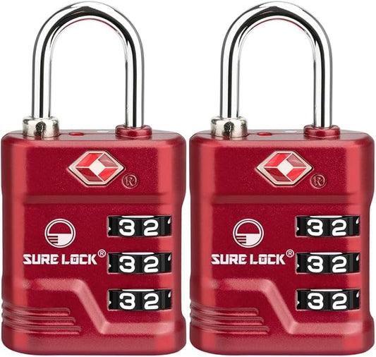 SURE LOCK TSA Locks for Luggage, TSA Approved Luggage Locks with Open Alert, TSA008 Key for High Security, Easy Read Dials, Zinc Alloy Body, Locker Lock for Suitcase, Gym, Travel(Red 2 pk)