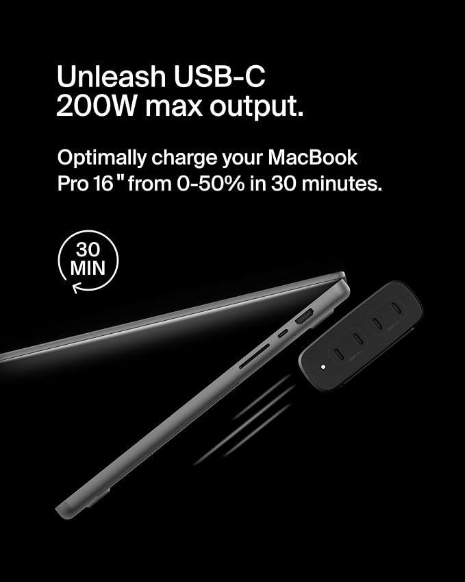 Belkin 4-Port USB C Charger Block, 200W GaN Multi-Port Charger USB-C PD 3.1 Fast Charge + 5ft Power Cord - MacBook, iPhone 17, Air, iPad, Galaxy S25, Google Pixel 10, Nintendo Switch 2 - Black