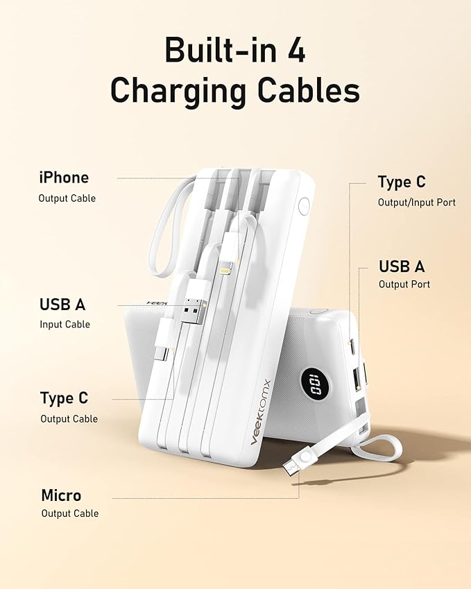 VEEKTOMX Portable Charger Built-in Cables, 20000mAh Power Bank for iPhone, Fast Charge USB C Battery Pack Travel Essentials Powerbank Compatible with iPhone 17/16/15/14, Samsung S25/24, Android, etc