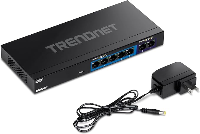 TRENDnet 7-Port Multi-Gig Gaming Switch, TEG-S327, 5 x 1G RJ-45 Base-T Ports, 2 x 2.5G RJ-45 Ports, 20Gbps Switching Capacity, Wall Mountable, Plug & Play, Lifetime Protection, Black