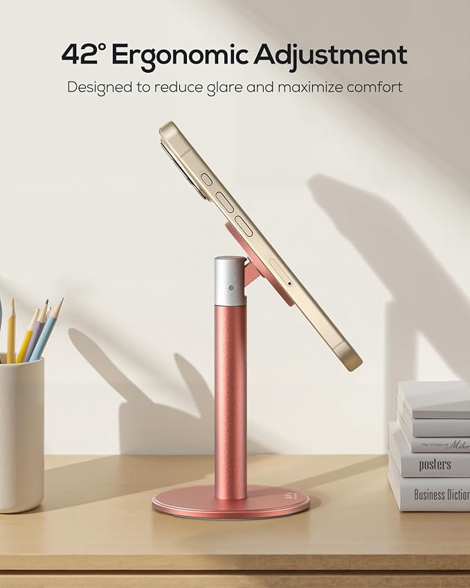 Nulaxy Magnetic Full Aluminum Phone Stand, 360 Rotating Cell Phone Stand for Desk with Metal Ring, Adjustable Phone Holder Compatible with Phone 17 16 15 14 Pro Max and MagSafe Case, Pink