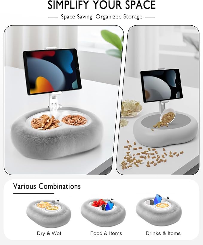 Tablet Pillow Stand, Compatible with 4.7"-12.9" Kindle, iPad, Phone/Tablet, Google, 360° Rotating Phone Holder for Bed, Detachable Bowl, Reading and Relaxation on Bed, Gray, Large (Faux Fur Pillow)