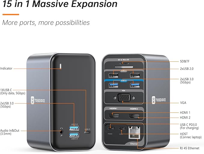 TobenONE USB C Laptop Docking Station Dual Monitor, 15-in-1 USB C Dock with Dual HDMI, 65W Power Supply, VGA, 4xUSB 3.0, 2xUSB 2.0, SD/TF, Ethernet and Audio/Mic for Lenovo, HP, Dell, Surface