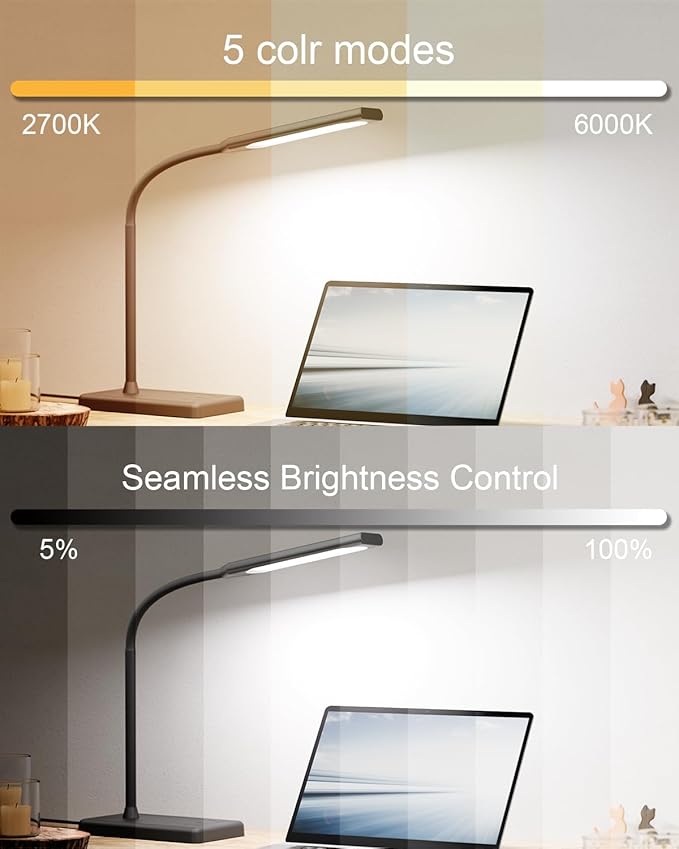 Adjustable LED Desk Lamp with Wireless Charging & Touch Control | 5 Colors & 6 Brightness Levels Eye-Caring Office Light with Memory & Timer