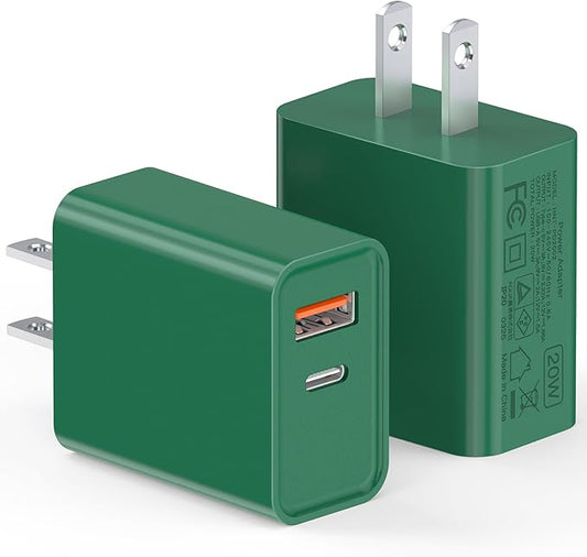 2Pack 20W Type C Charger, Dual Port USB C Wall Plug 20W PD & QC3.0 USB A Fast Charging Block for iPhone, Samsung Galaxy, Google Pixel, Motorola, Oneplus Kindle Cargador Cube Brick Box, Green