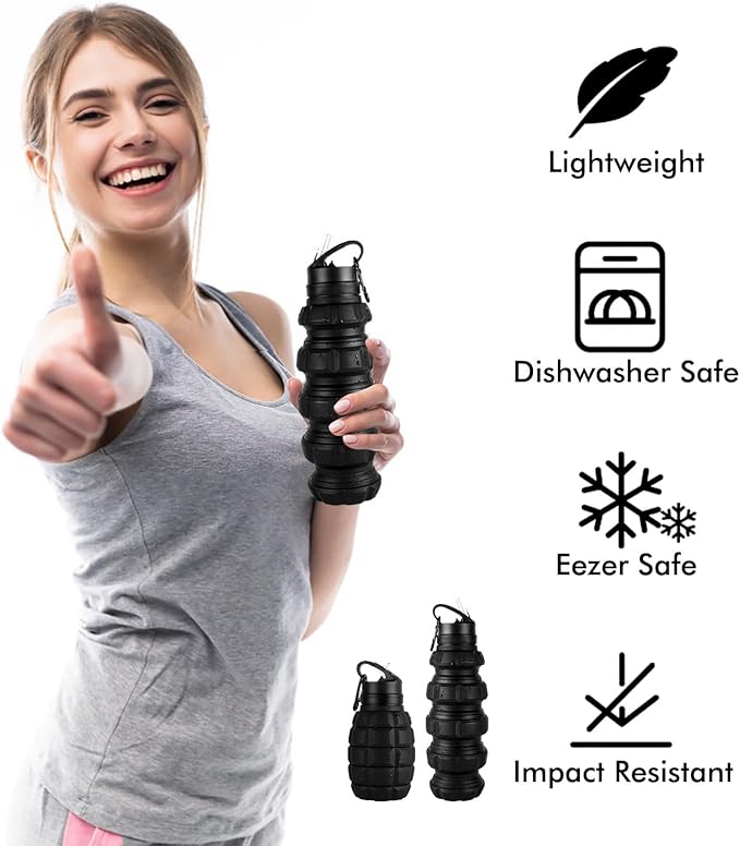 QiCheng&LYS Collapsible Water Bottle Sports Bottle 19.5OZ/580ml Travel Water Bottle for men women kids. BPA Free Food Grade Silicone. (Black)