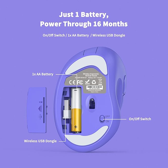 Ergonomic Wireless Mouse with USB Receiver for PC Computer, Laptop and Desktop, Ergo Mouse Vertical with Silent Clicks Long Battery Life, Up to 1600 DPI & 1 AA Battery Powered, Purple
