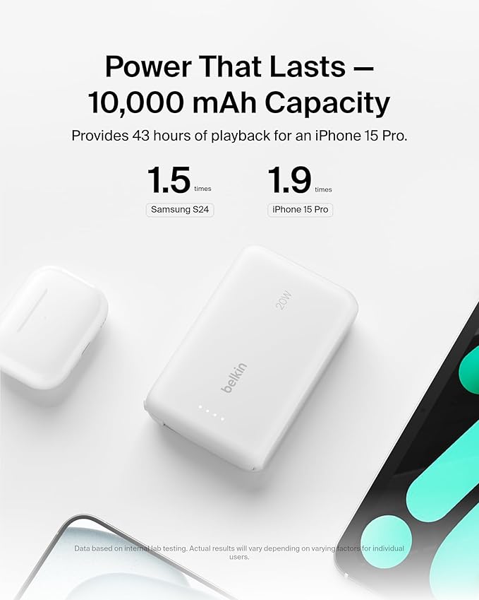 Belkin Portable Charger, Power Bank with Integrated Cable 10000 mAh 20W - Fast Charge USB C Power Delivery, iPhone Charger - iPhone 17, Air, Pro, Pro Max, iPad, Galaxy S25, & More - White