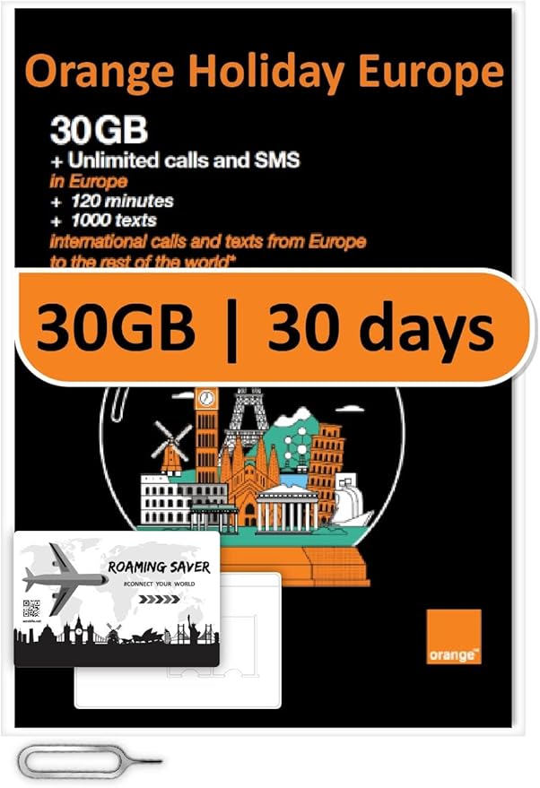 Orange Holiday Europe Prepaid Sim 30GB Internet Data | 30 Days-Use | Data tethering Allowed | 120min & 1000 SMS from Europe to Any Country Worldwide+1 Sim Card Holder+1 Pin