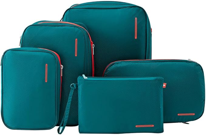 Bee Nesting Waterproof Compression Packing Cubes 5/6/8 sets, Large Travel Packing organizers for Carry on Luggage, 2 Sides Expandable Storage Bags (Dark Green, G5set)