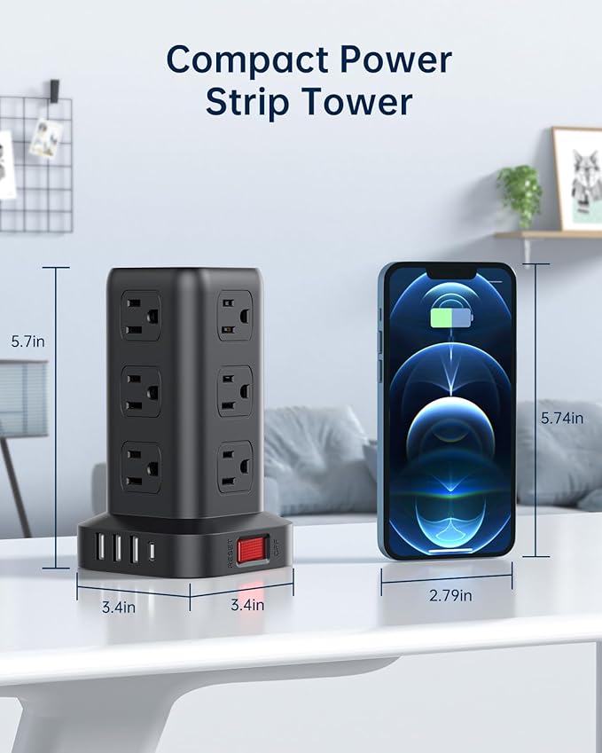 Surge Protector Power Strip 10 FT Cord, Power Strip Tower with 4 USB Ports (1USB C), Extension Cord with 12 AC Multiple Outlets, Home Office Supplies Desk Accessories, Dorm Room Essentials