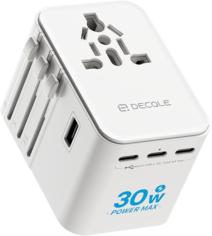 Universal Travel Adapter, International Travel Plug Adapter with 3 USB-C ＆ 2 USB-A Ports(Total 30W), All in One Portable Adaptor, for USA, UK, EU, AU ＆ 224+ Countries (White)