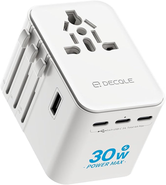 Universal Travel Adapter, International Travel Plug Adapter with 3 USB-C ＆ 2 USB-A Ports(Total 30W), All in One Portable Adaptor, for USA, UK, EU, AU ＆ 224+ Countries (White)