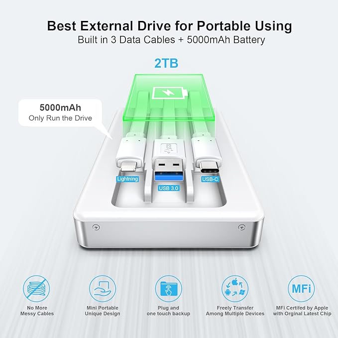 ySky MFi Certified 2TB External Hard Drive for iPhone iPad MacBook Computer,Portable Photo Stick USB Flash Drive Storage Device to Backup Photo| Video | Music| File 【One-Touch Backup】