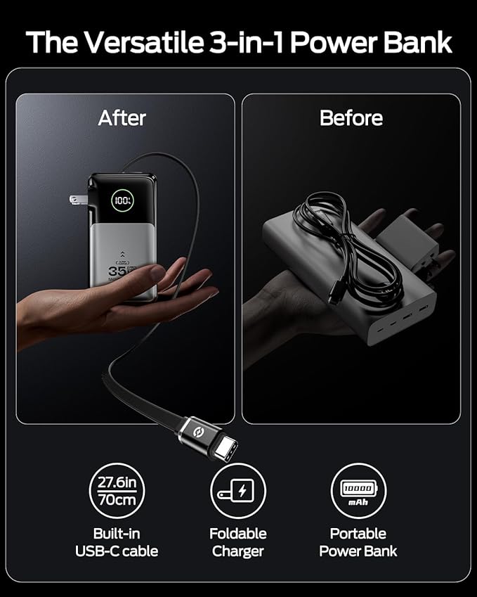 MOVE SPEED 3 in 1 Portable Charger with Built-in Retractable 27.6in Cable and Foldable Wall Plug, 35w 10,000mAh GaN Fast Charging Power Bank, Travel Essential Battery Pack for iPhone 17/16/15,Galaxy