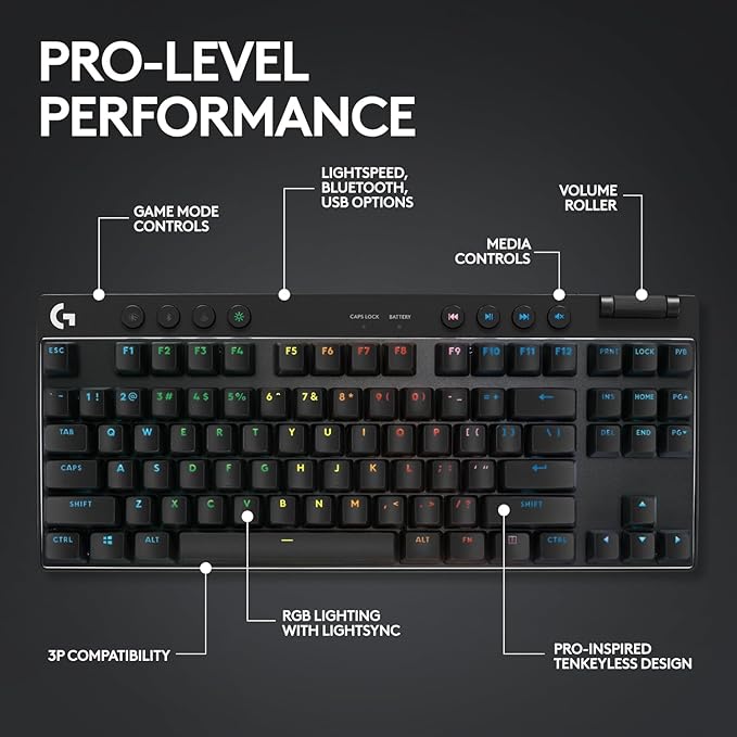 Logitech G PRO X TKL LIGHTSPEED Wireless Gaming Keyboard, Ultra-Portable Tenkeyless Design, LIGHTSYNC RGB, PBT keycaps, Tactile Switches (GX Brown) - Black