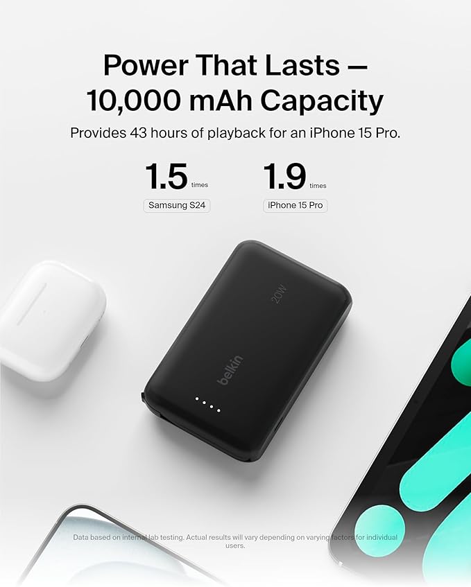 Belkin Portable Charger, Power Bank 10000 mAh w/Integrated Cable - 20W Fast Charge USB-C Power Delivery, iPhone Charger - Apple iPhone 17, Air, Pro, Pro Max, iPad, Samsung Galaxy S25, & More - Black