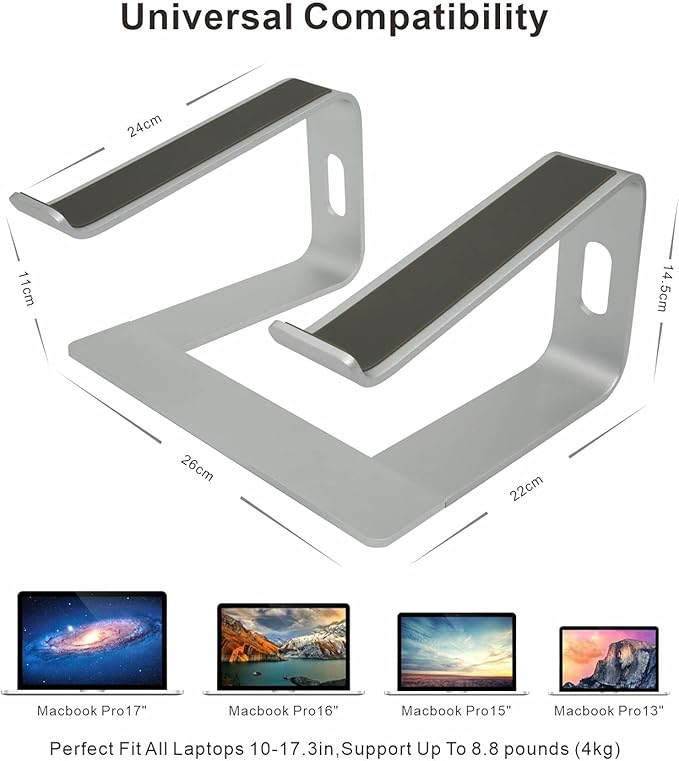 Ergonomic Aluminum Laptop Stand - Detachable Mount Riser Compatible With MacBook Pro/Air, HP, Lenovo, Samsung, Huawei - All 10-17.3" Notebooks (Silver)