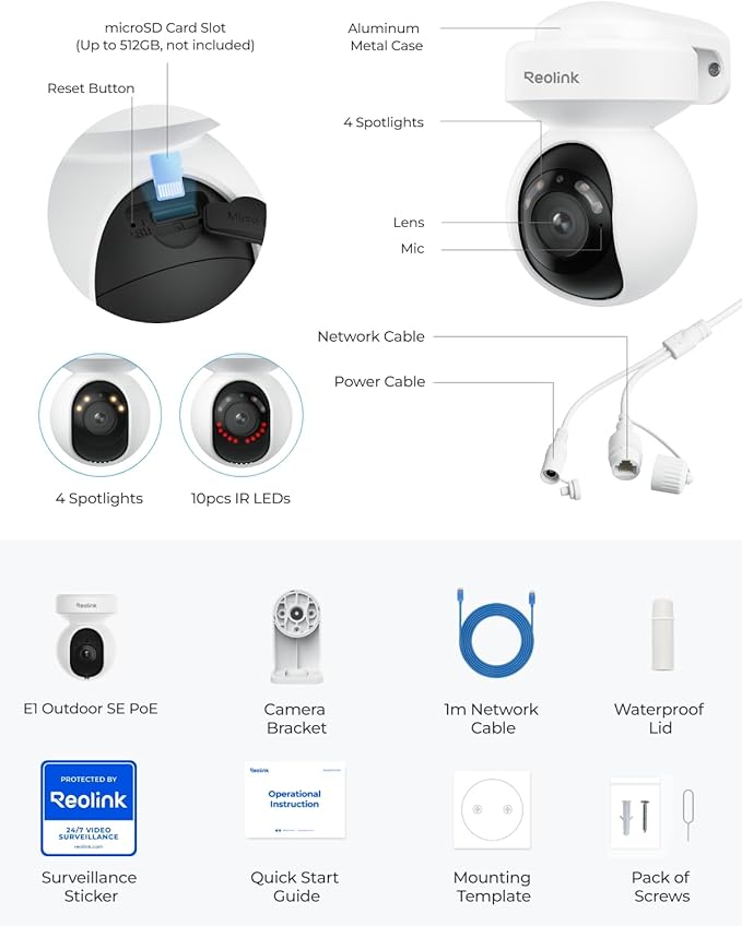 REOLINK 4K PoE Security Outdoor IP Camera with 355° Pan & 50° Tilt, Color Night Vision for Home Surveillance, Auto Tracking, Smart Detection, Two-Way Talk, 24/7 Recording, E1 Outdoor SE PoE