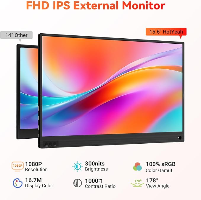HotYeah Portable Monitor, 15.6-in 1080P FHD Laptop Monitor USB-C HDMI External Computer Display FreeSync IPS w/Kickstand, 2nd Screen for Laptop PC Mac Phone Tablet Switch PS5 Xbox