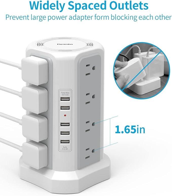 Surge Protector Power Strip Tower with USB Ports, Fararaka 10 FT Extension Cord with 16 Multiple Outlets and 5 USB Ports, Flat Plug Charging Station for Home, Office, Dorm Room