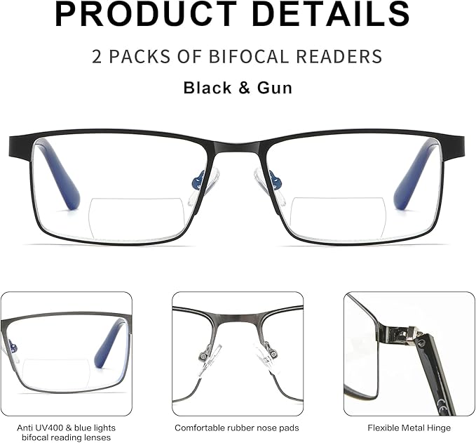 Bifocal Reading Glasses Men Blue Light Computer Readers Clear Top Designer Metal Frame Fashion Spring Hinge Eyeglasses