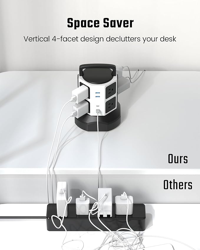 Tower Surge Protector Power Strip, JACKYLED Extension Cord with Multiple Outlets, 8 Outlets 4 USB Ports(2 USB C) 1625W/13A Retractable Cord Charging Station with 1050J Protection, Home Office Supplies