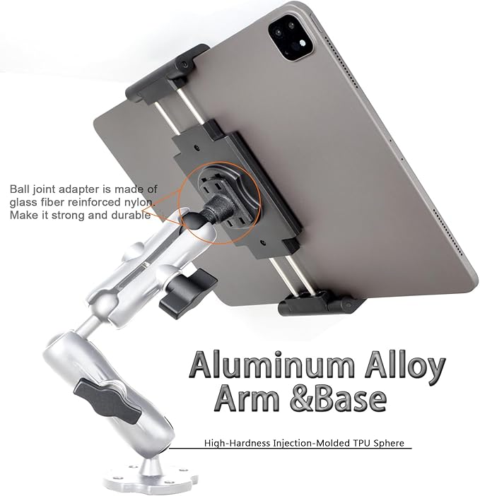 Aluminum Heavy-Duty Dual Arm Tablet Mount with 4-Point 360° Rotation Drill Base - Fits 6.5"-12.9" Tablets (iPad, Galaxy Tab, Surface) - Versatile Mounting for Homes, Businesses, Vehicles