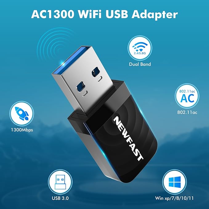 NEWFAST AC1300 Nano USB WiFi Adapter (U323), 2.4G/5G Dual Band WiFi Adapter for Desktop PC, MU-MIMO WiFi Dongle, USB 3.0, Supports Windows 11/10/8.1/8/7/XP, Mac OS 10.9-10.15