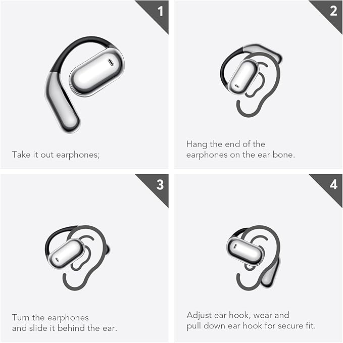 EUQQ Open Ear Bluetooth 5.4 Earbuds, Wireless Headphones Sport Over Earphones Built-in Mic with Ear Hooks, 50H Playtime Ear Buds Fast Charging, IPX7 Waterproof for Running/Workout, Black