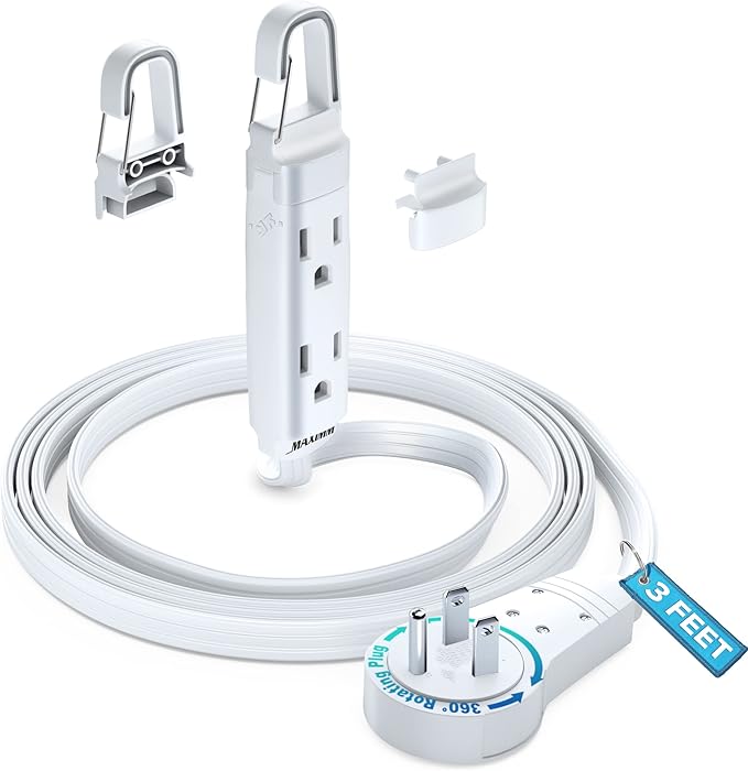 Maximm 360° Rotating Flat Plug Extension Cord with a Removable Hook, White Extension Cord 3 ft (16 Gauge) UL Certified