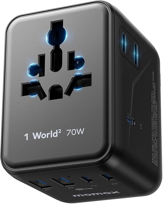 MOMAX Mini Universal Travel Adapter, GaN 70W International Power Adapter, 2 AC, 3 USB-C PD Fast Charging & 2 USB-A QC, Travel Essentials for All European Travel Plug Adapter UK AUS JP
