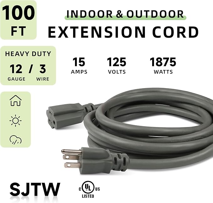 EP 100 Ft Outdoor Extension Cord, 12/3 SJTW Heavy Duty Extension Cable with 3 Prong Grounded Plug, 15 AMP Power Cord for Lawn, Garden, Appliances, Gray