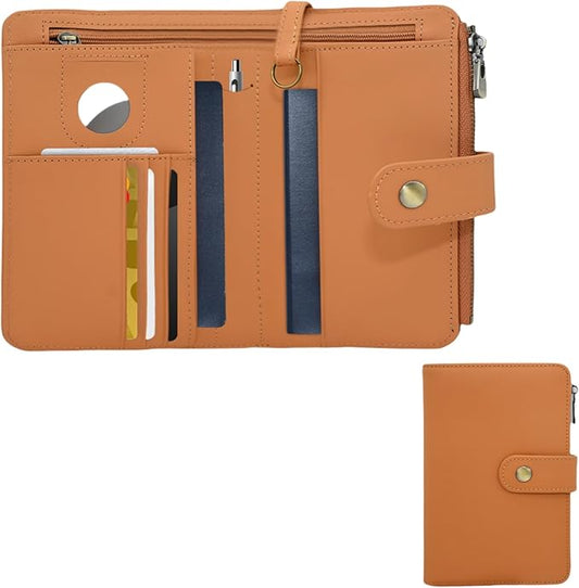 Full Grain Leather Passport Wallet, RFID Blocking Passport Holder with Tracker Slot, Multi Compartment Travel Wallet for Women & Men, Secure Passport Cover Case for Airport Essentials (Brown)