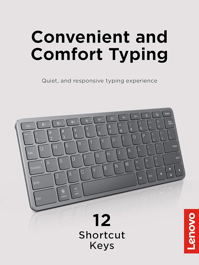 Lenovo Multi-Device Wireless Bluetooth Keyboard, Connect Up to 3 Devices Simultaneously, Compatible with iOS, Android, Windows, Slim Profile, Rechargeable, 60-Hour Battery Life, Iron Grey