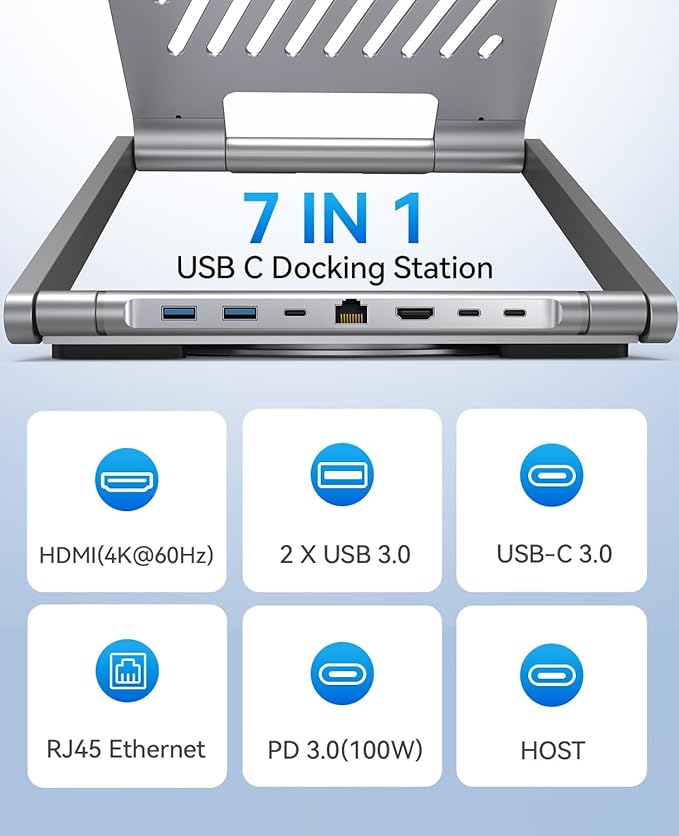 Laptop Docking Station Stand 4K@60Hz for MacBook Pro/Air M3/M4, Dell/HP/Surface/Lenovo/Chromebook, Laptop USB Hub Stand with HDMI, 3 USB, Ethernet, PD 3.0, Adjustable Dock with 360° Rotate Base